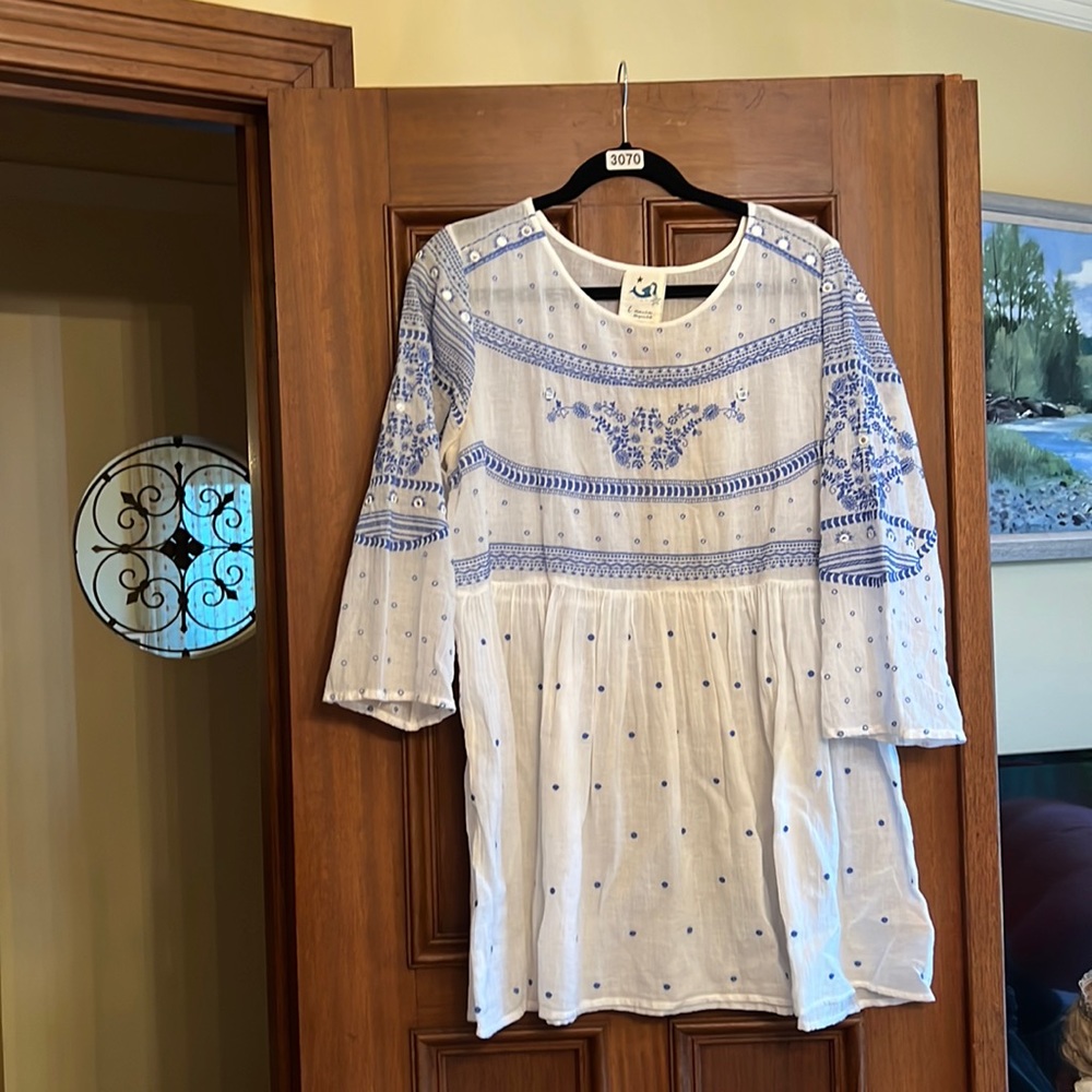 Anthropologie White Tunic with Blue Embroidery